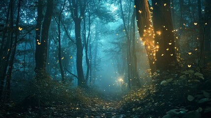 Magical fantasy fairy tale scenery, night in a forest.