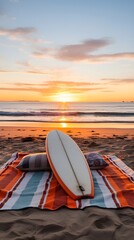 A beachside sunset with surfboards and silhouettes , beachside sunset, surfboards, silhouettes.