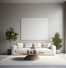 Minimalist living room interior with beige sofa and coffee table