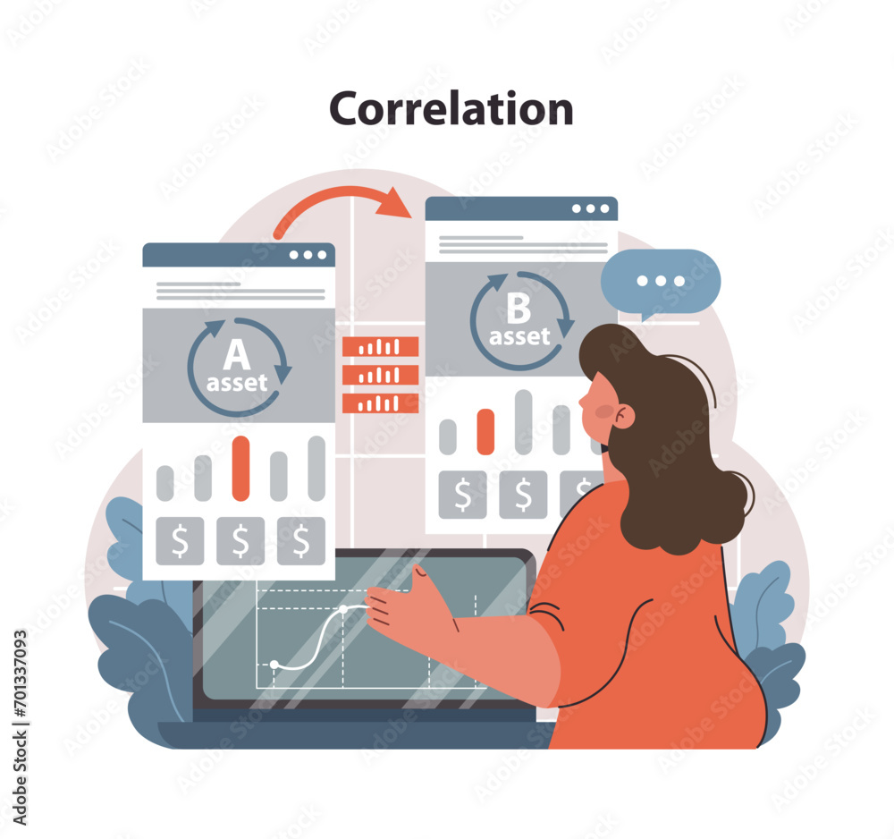 Poster analyzing asset correlation for informed investment decisions. woman evaluates intertwined performan