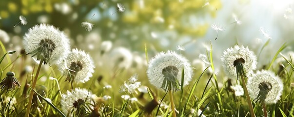 Spring background with white dandelions. - obrazy, fototapety, plakaty