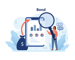 Fototapeta na wymiar Expert female analyst magnifies bond details on digital interface. Insightful exploration of investment diversification, emphasizing safe assets and financial analysis. Flat vector illustration.