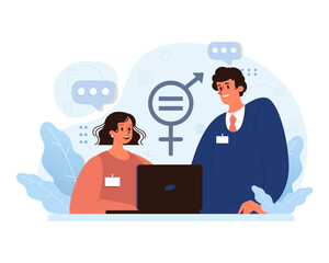 Collaborative workplace environment. Female employee with laptop engaging in discussion with male colleague, highlighting gender equality and teamwork spirit in a progressive office setting
