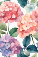 Watercolour floral seamless background with hydrangea flowers, leaf and branches.