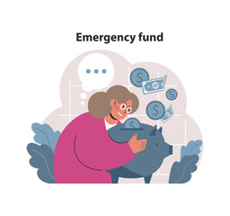Financial independence, FIRE concept. Money savings for emergency fund. Senior woman saving money in piggy bank. Personal budget planning and financial well-being. Flat vector illustration