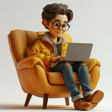 cute business man with laptop, soft lighting, soft pastel colors, 3d icon clay