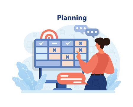 Planning concept. Woman setting tasks on calendar, organizing schedule towards goal. Time management. Strategic preparation. Achieving objectives. Flat vector illustration