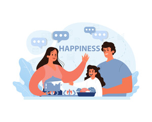 Family mealtime bliss. A mother, father, and child bond over a heartwarming dinner, enveloped in conversation bubbles signifying a digital age's happiness. Togetherness in a tech-savvy era