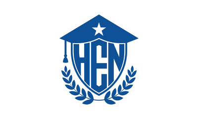 HEN three letter iconic academic logo design vector template. monogram, abstract, school, college, university, graduation cap symbol logo, shield, model, institute, educational, coaching canter, tech