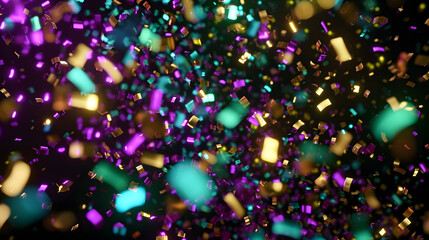 Colorful glittering mardi gras confetti falling against black background, loopable 3D animation in 4K UHD with shallow depth of field