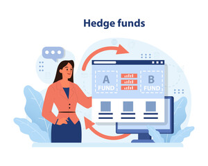 Hedge funds concept. Professional woman presents diverse portfolio metrics on screen. Performance analysis, diversified assets. Flat vector illustration