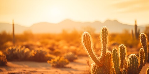 A desert landscape with cacti and warm sunlight , desert landscape, cacti, warm sunlight.
