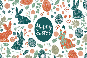 Festive Easter Greetings: Vibrant Illustrated Card with Bunny and Decorated Eggs