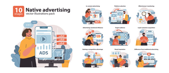A comprehensive vector pack showcases strategies for native advertising, including emotional appeal and customer engagement, in a digital marketing context.