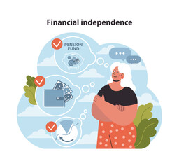 Confident elderly woman amidst icons of financial security, signifying a life of financial independence. Pensions, savings, and investments secure her future. Flat vector illustration.