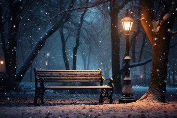 Snowfall in the park at night with a bench and a street lamp