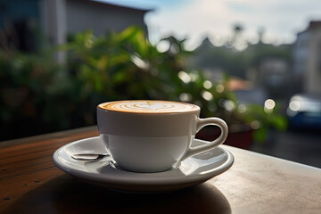 Fototapeta premium Coffee cup on the wooden table in coffee shop
