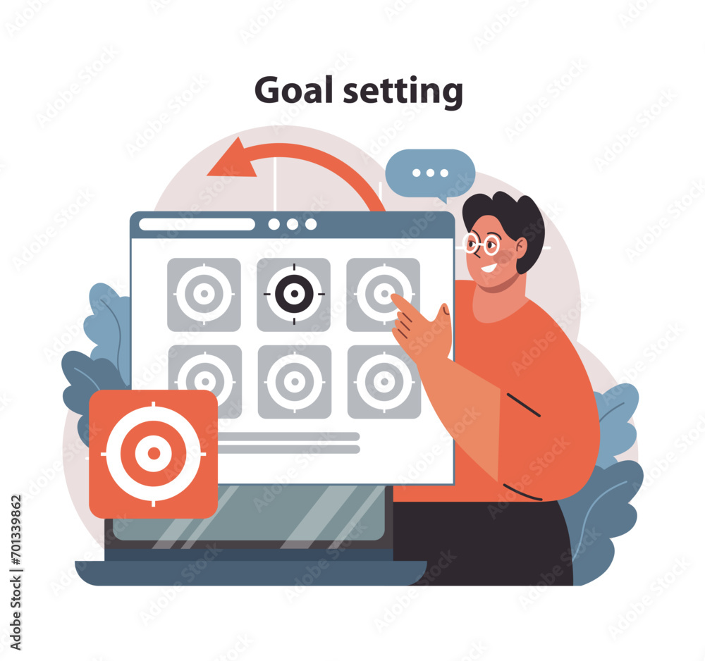 Aufkleber strategically planning goal setting on a digital dashboard. enthusiastic man aligns targets, ensurin