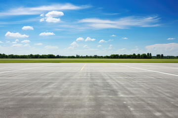 Airport runway and blue sky with white clouds, perspective view - obrazy, fototapety, plakaty