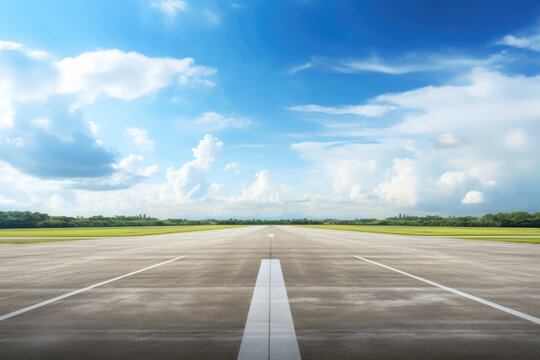 Airport runway and blue sky with white clouds, perspective view