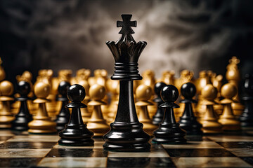 Chess king with a crown and chess pieces on a chessboard