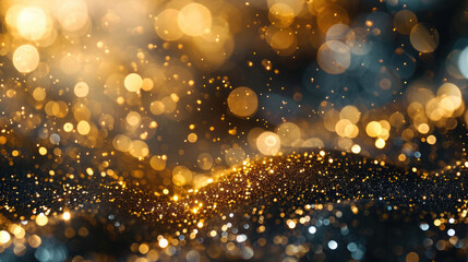 Close-up of sparkling golden glitter with bokeh lights and dark background
