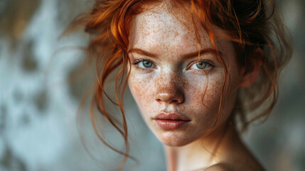 Red-haired woman with freckles, green eyes, looking directly at the camera