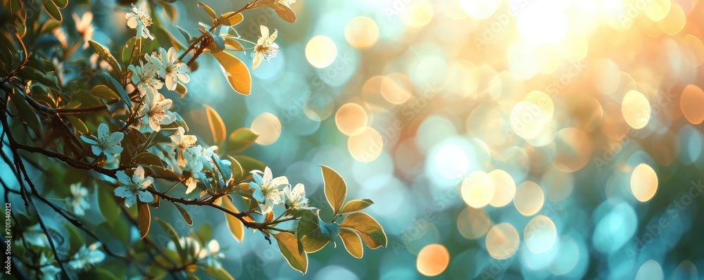 Wall mural A fresh spring blue sunny sky background with blurred warm sunny glow.