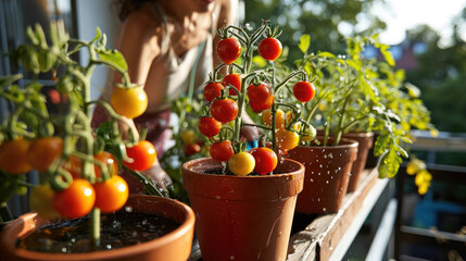 Woman watering tomato plants in pots, with ripe tomatoes and green foliage, on a sunny balcony - obrazy, fototapety, plakaty