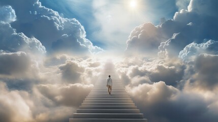 A man walking up the stairs to heaven