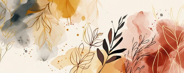 Abstract art background. Luxury minimal style wallpaper with golden line art flower and botanical leaves, Organic shapes, Watercolor background. - obrazy, fototapety, plakaty