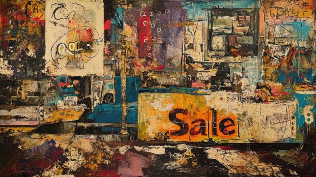 Street art collage. Abstract urban contemporary painting with inscription Sale