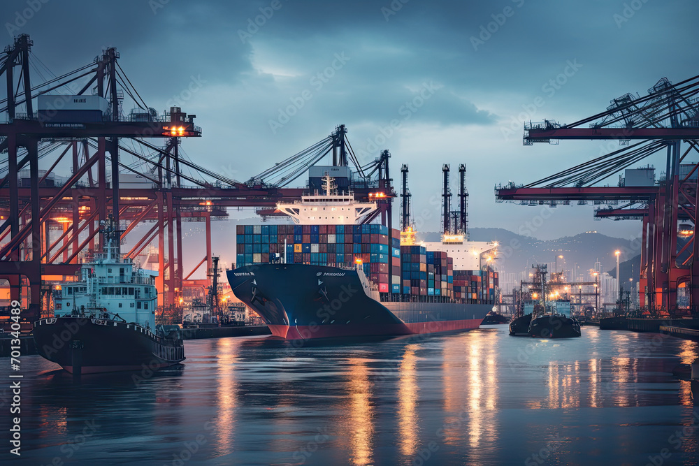 Poster container cargo freight ship with working crane bridge in shipyard for logistic import export backgr
