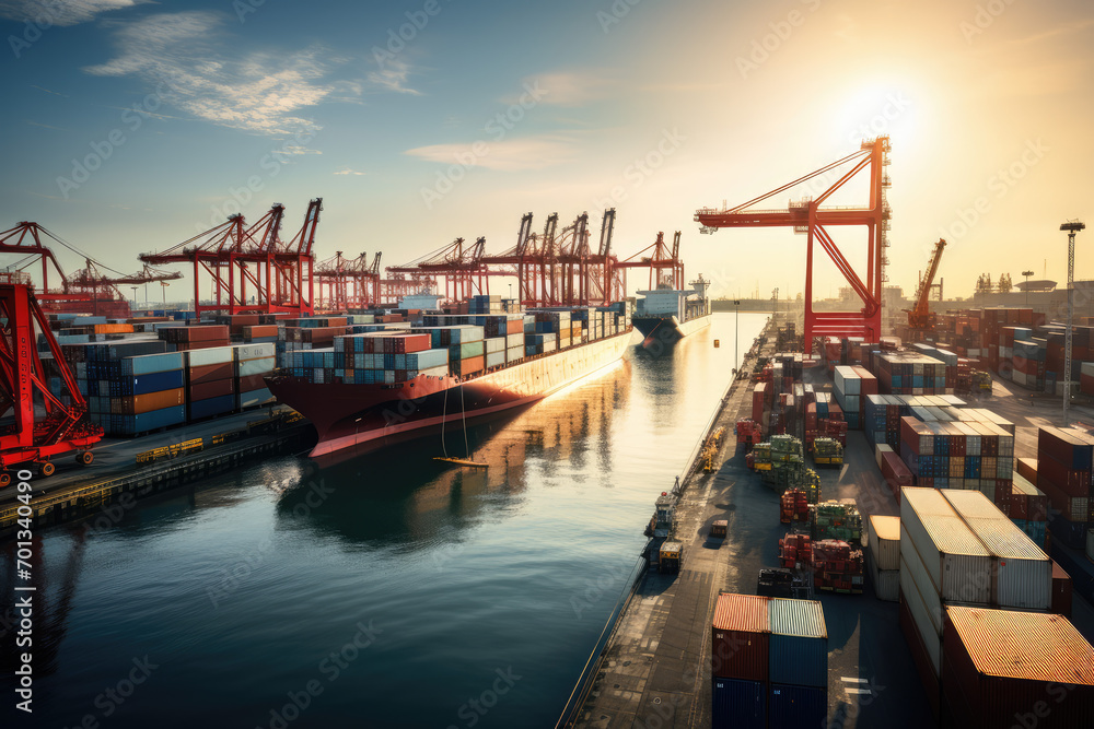 Poster container cargo freight ship with working crane bridge in shipyard for logistic import export backgr