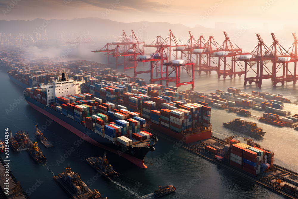 Poster container cargo freight ship with working crane bridge in shipyard for logistic import export backgr