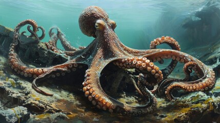 Octopus in its underwater habitat, deep in the ocean in a wrecked ship