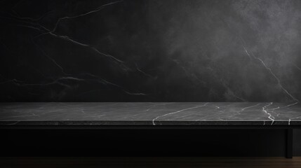 Empty table ,marble black countertop on black wall background, luxury product presentation, copy space, 16:9 - obrazy, fototapety, plakaty