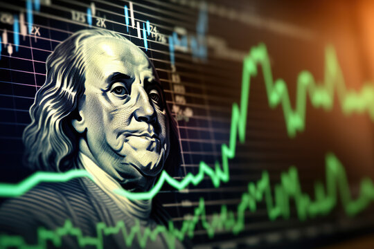 Candle stick graph chart with Benjamin Franklin on the background of one hundred dollar bills