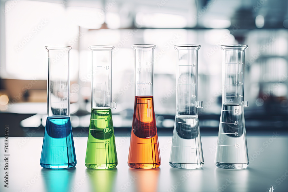 Poster test-tubes with colorful liquids on the table in the laboratory
