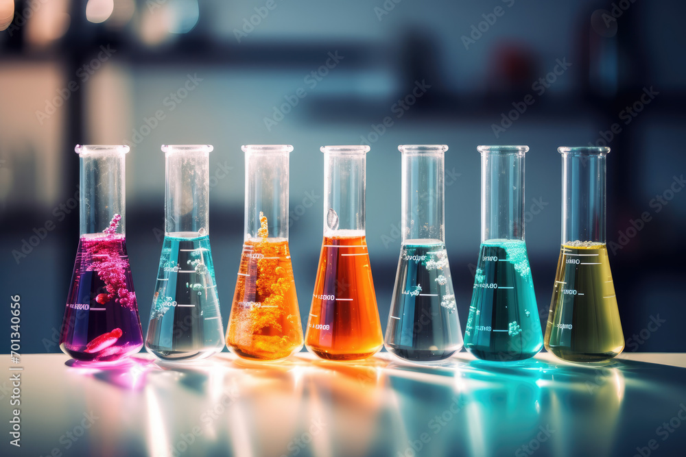 Poster test-tubes with colorful liquids on the table in the laboratory