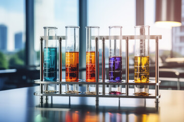 Test-tubes with colorful liquids on the table in the laboratory