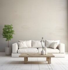 Minimalist living room interior with beige sofa and coffee table