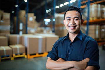 Obraz premium portrait of smiling male warehouse worker with arms crossed standing in warehouse