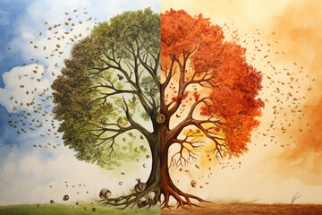 Nature concept. Abstract tree illustration representing four seasons of the year. Colorful soft pastel colors, tiny detailed background with copy space - obrazy, fototapety, plakaty