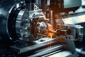 The CNC milling machine cutting the metal part with the sparking light - obrazy, fototapety, plakaty