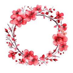 Red cherry blossom wreath watercolor illustration