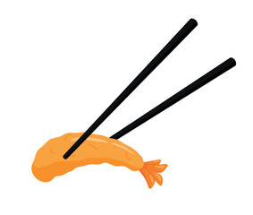 Shrimp Tempura Lifted with Chopsticks for Japanese Food Animated Cartoon Vector Illustration