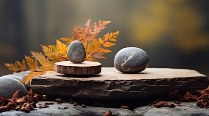 autumn scene, beautiful meditation accessories on stone and wood, copy space, 16:9