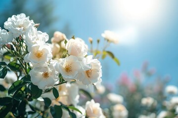 Fototapeta na wymiar White bush roses on a background of blue sky in the sunlight. Beautiful spring or summer floral background.