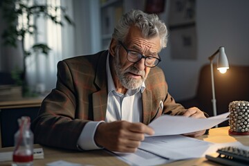 Senior man studying paper bills at desk in office - 701341423